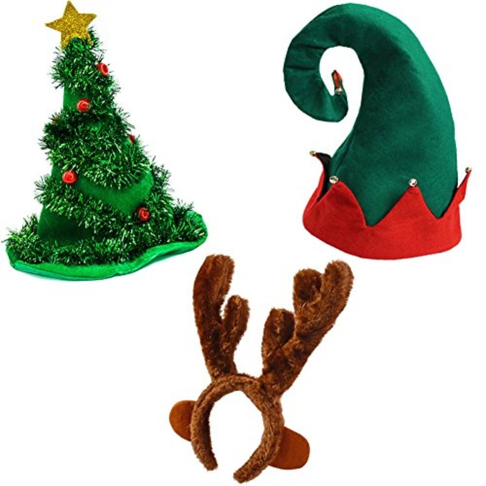 Christmas Hats Elf & Reindeer Antler Headband Christmas Tree Hat 3 Holiday Hats